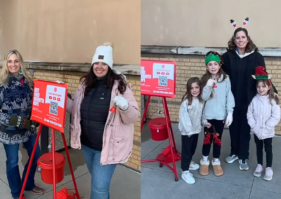 Two photo collage of BRN members and their families ringing bells for Salvation Army.