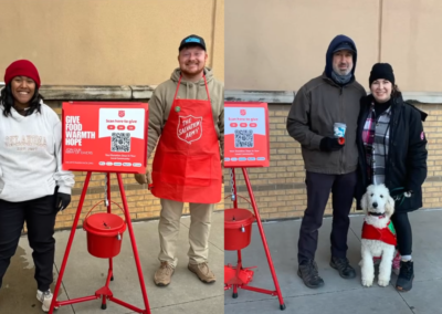 Two photo collage of two couples ringing bells for Salvation Army