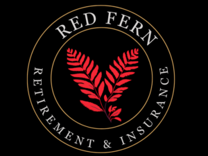 Red Fern Retirement & Insurance Logo circular logo with red fern leaves.