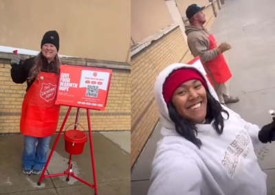 Two photo collage. Kim Elliot and Nora Roberson ringing bells for Salvation Army
